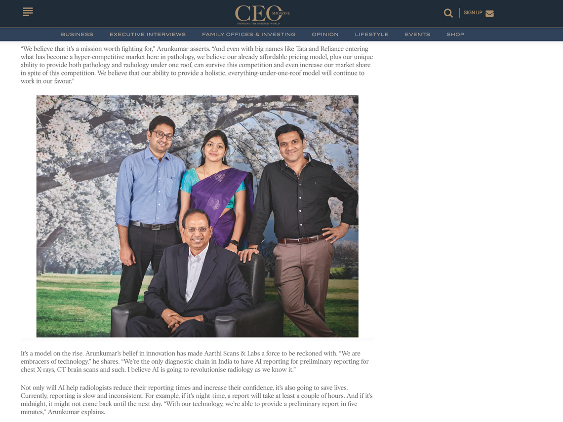 Creative Corporate Photography for Aarathi Scan & Labs for The CEO Magazine @Chennai