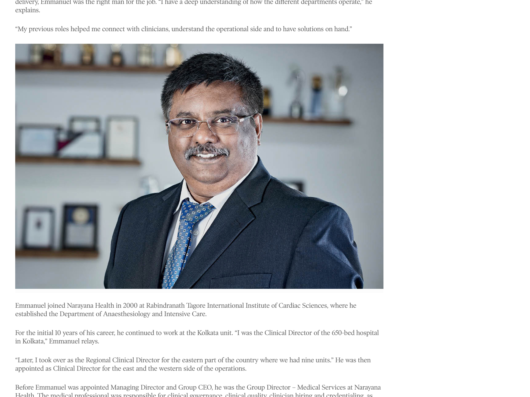 Corporate Portrait & Business headshot of Emmanuel Rupert Managing Director and Group CEO, Narayana Health, for International Magazine & Media Cover Story