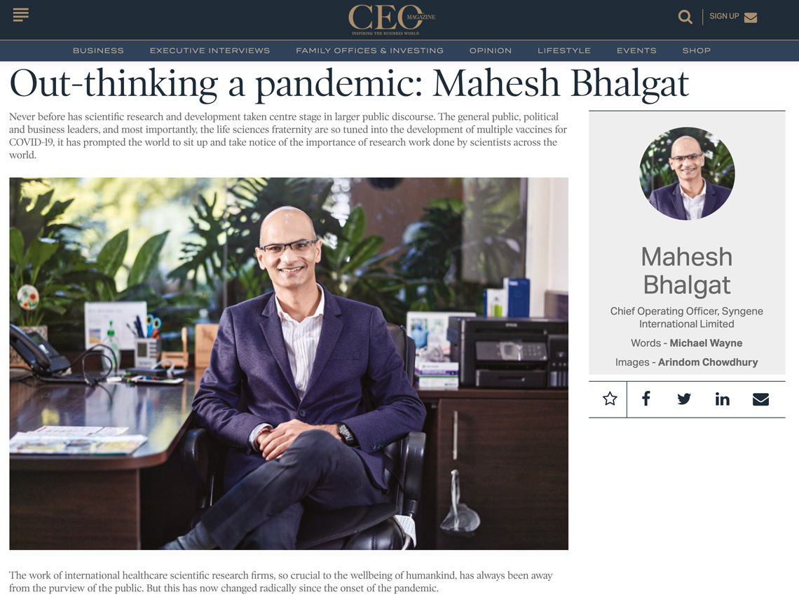 Corporate Portrait Shoot, Business Images & Corporate headshot Photography of Mahesh Bhalgat,  Chief Operating Officer, Syngene International Limited for The CEO Magazine Cover Story