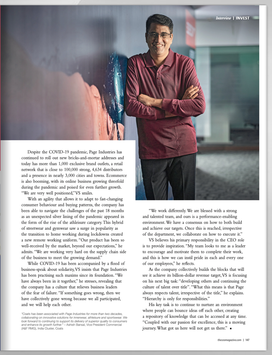 Candid Corporate Image of  VS Ganesh, CEO, Page Industries, Bangalore for an International Magazine By Arindom Chowdhury